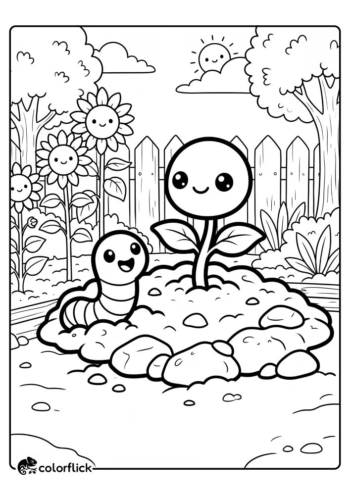 A very cute, happy worm peeking out of the soil next to a small sunflower sprout with a happy face, both with bold outlines, set in a garden with a white picket fence, large trees, and a friendly sun, a printable coloring page for kids.