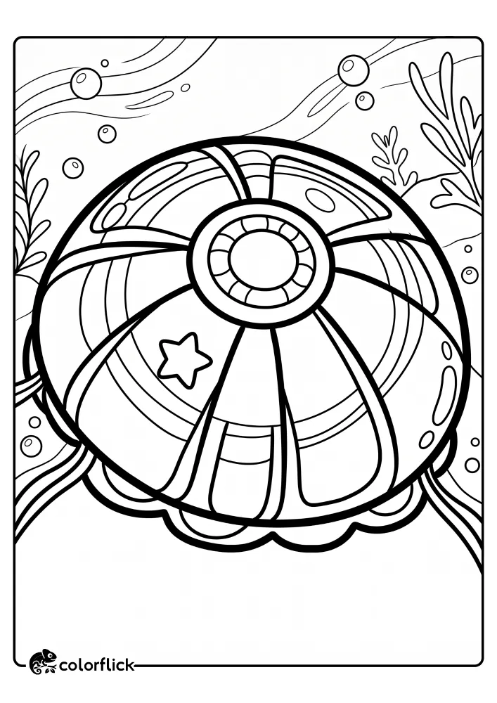 A printable coloring page for kids showing a top-down view of a large, symmetrically patterned jellyfish bell with a star, floating in an underwater bubble scene.