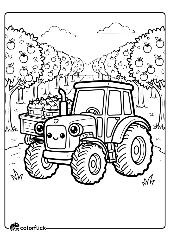 A printable coloring page for kids showing a friendly tractor pulling a cart filled with baskets of apples in an orchard, a free printable coloring sheet.