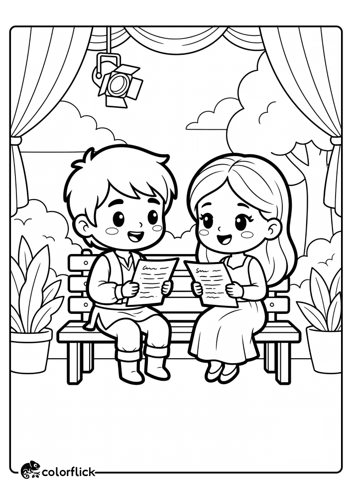 A printable coloring page for kids showing two young actors on a theater stage bench, holding up their scripts and reading dialogue together.