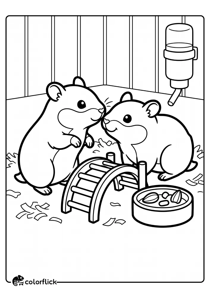 A free printable coloring sheet showing two friendly hamsters greeting each other by sniffing, standing near a wooden climbing bridge and a food dish inside their cage.