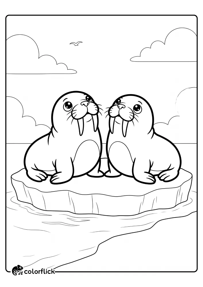 A printable coloring page for kids featuring two cute, friendly-looking walruses sitting side-by-side on a large iceberg, gazing upwards into a simple, cloudy sky with a small bird flying.