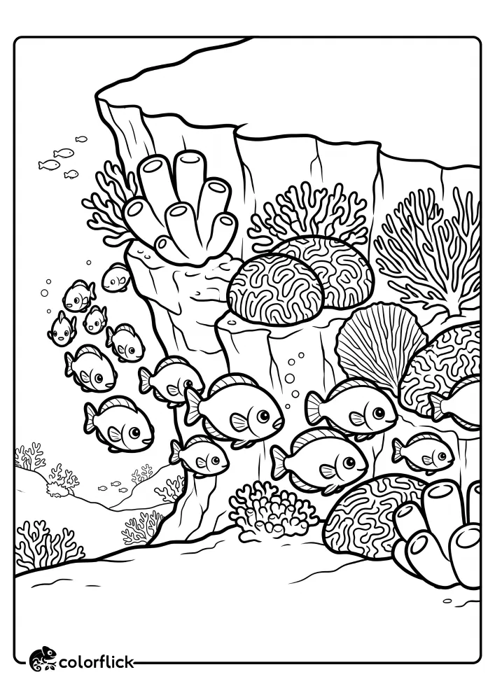 A simple black and white line art illustration of a steep vertical coral reef wall with sea birds resting on top and a large school of fish swimming past, perfect as a free printable coloring sheet.