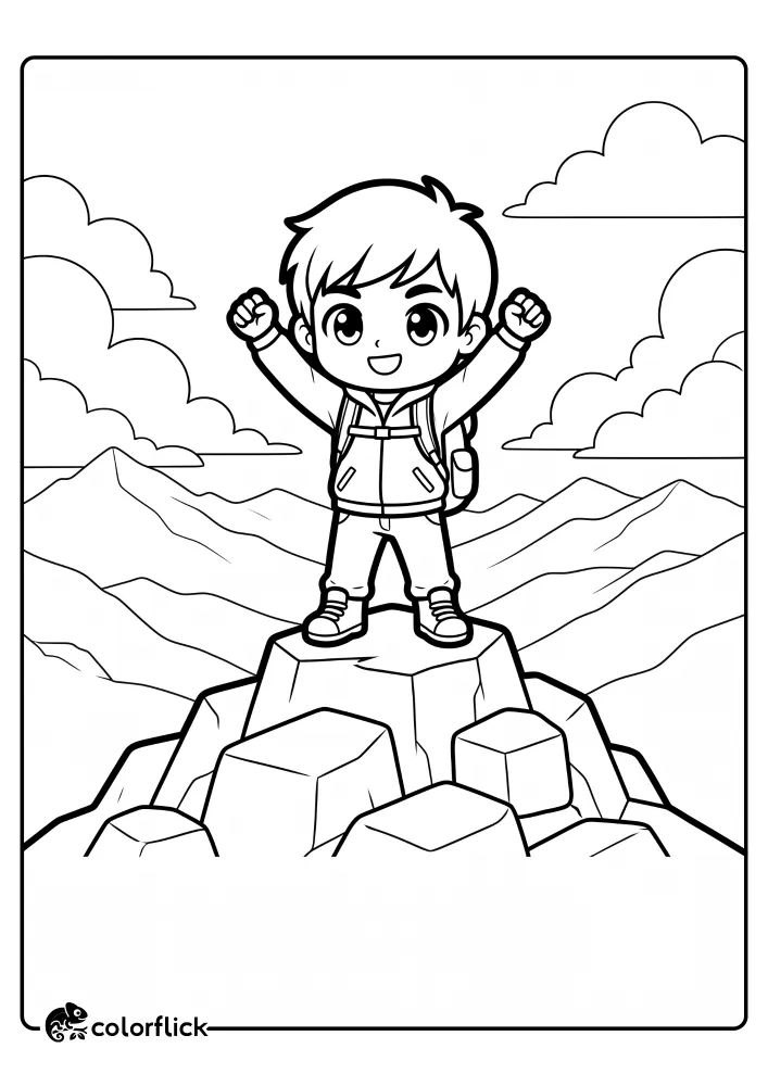 A happy young hiker stands on a rocky mountain peak with arms raised in victory in this free printable coloring sheet.