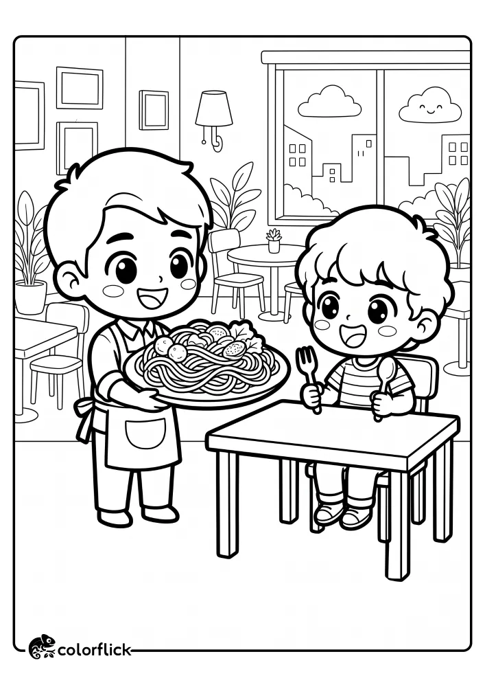 A printable coloring page for kids showing a smiling waiter in an apron presenting a large plate of spaghetti and meatballs to a happy boy customer sitting at a restaurant table.