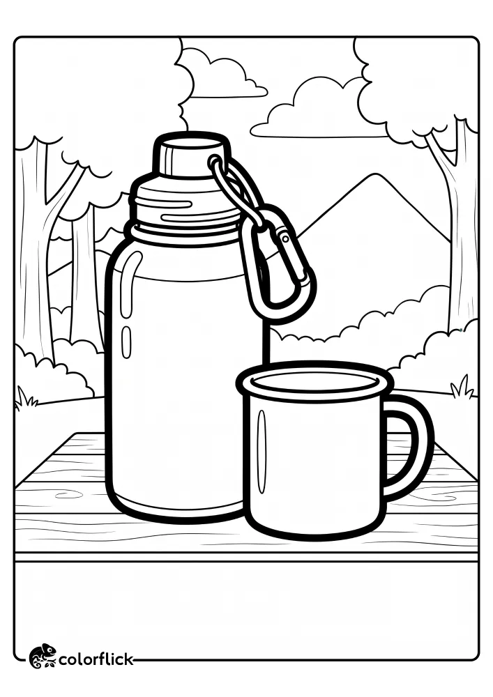 A large reusable water bottle with a carabiner clip standing next to a metal camping mug on a wooden picnic table outdoors, a free printable coloring sheet.