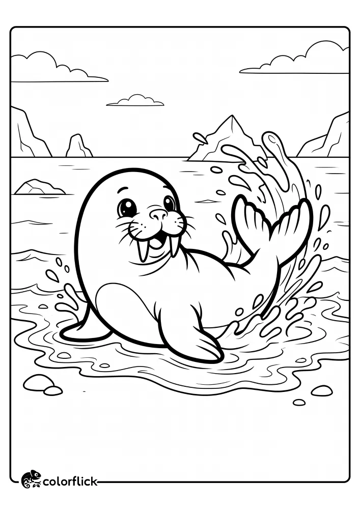 A free printable coloring sheet for kids featuring a happy young walrus playfully splashing shallow water with its back flippers against a backdrop of ocean waves and distant icebergs.